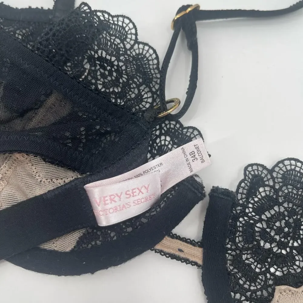 VICTORIA'S SECRET Bra Size 34B Very Sexy Y2K 2000s Balconet Lace Mesh Lingerie